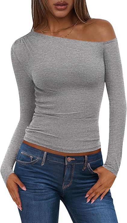 Women's Off-Shoulder, Fitted Ribbed Long Sleeve Top with Asymmetric One-Shoulder Cut Mune Fashion