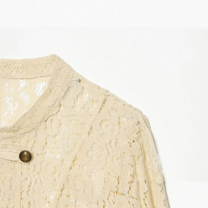 Women's short lace jacket in military-inspired style with stand-up collar and decorative button placket Drune
