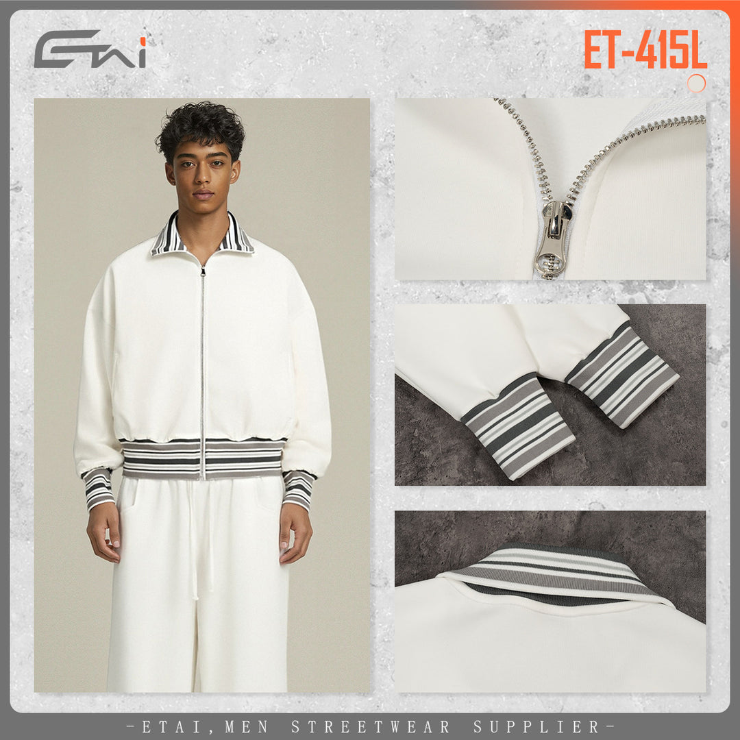 Unisex Short-cut bomber jacket with striped ribbed cuffs and stand-up collar Mune Fashion