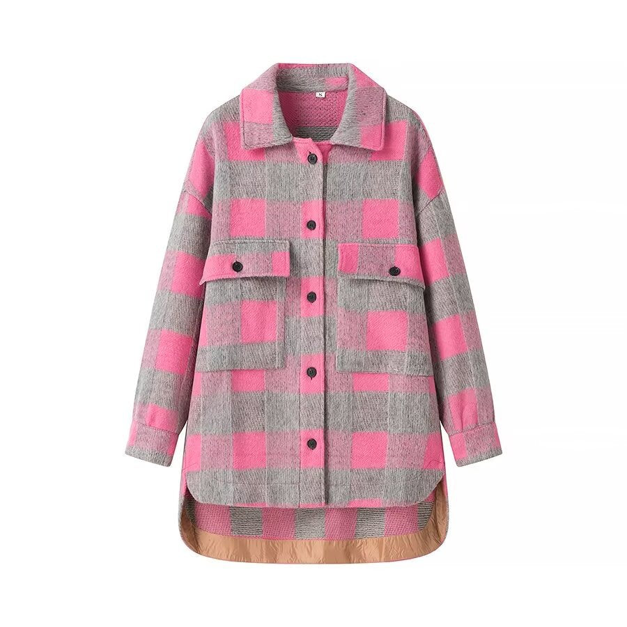 Women's oversized checked shirt jacket in shacket style with patch pockets and elongated round hem Mune Fashion