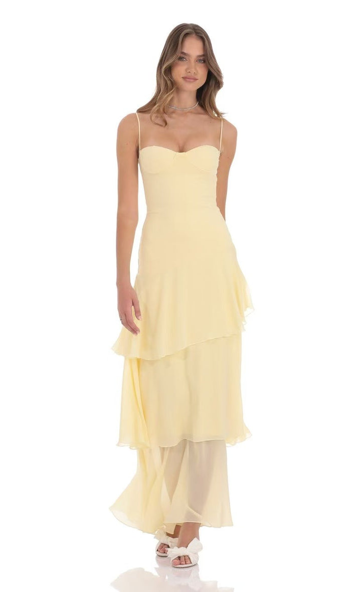 Women nan romantic tiered maxi dress with heart neckline and delicate spaghetti straps Mune Fashion