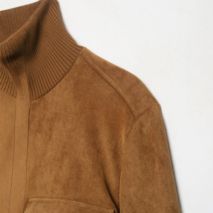 Women's short-cut suede bomber jacket with high ribbed collar and flap pockets Mune Fashion