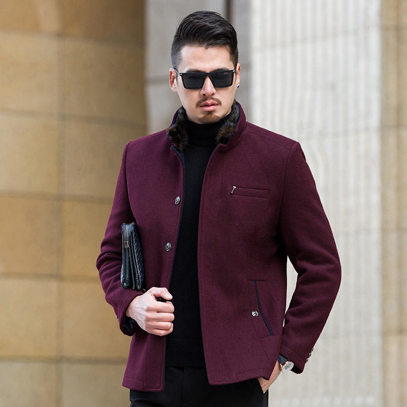 Men's wool coat with warm faux fur lining and stand-up collar Mune Fashion