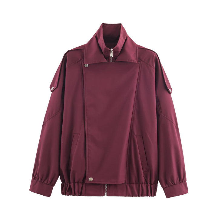 Women's oversized bomber jacket with asymmetric placket front, standing collar, and drawstring hem Mune Fashion
