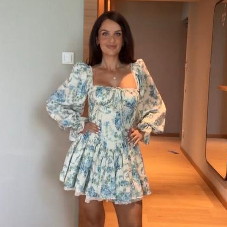 Ladies Corset Mini Dress with Puff Sleeves, Square Neckline and Tiered Ruffle Skirt Mune Fashion
