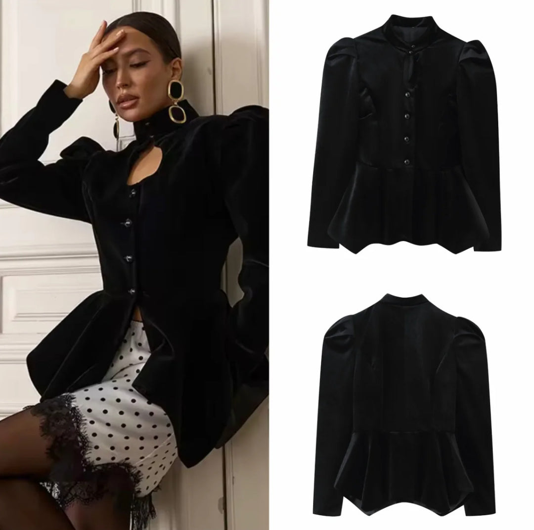 Women's 100+ tailored satin blouse with stand collar, puff sleeves, and peplum Mune Fashion