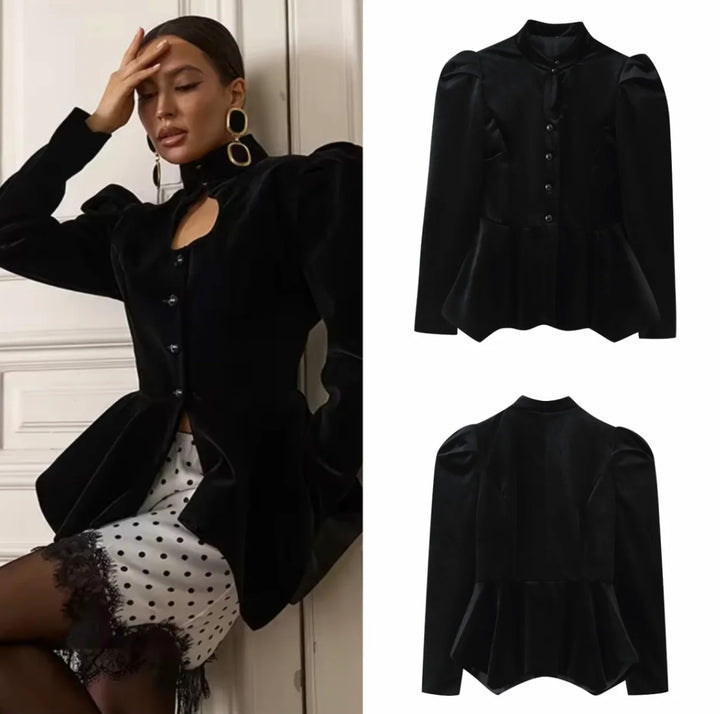 Women's 100+ tailored satin blouse with stand collar, puff sleeves, and peplum Mune Fashion