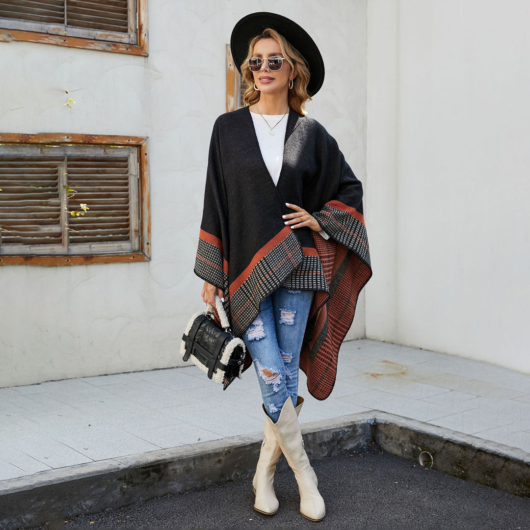 Women's wool blend poncho in asymmetric pointed cut with woven check border Mune Fashion