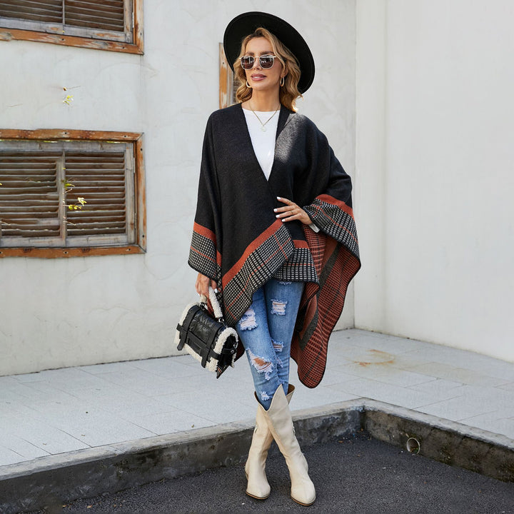 Women's wool blend poncho in asymmetric pointed cut with woven check border Mune Fashion