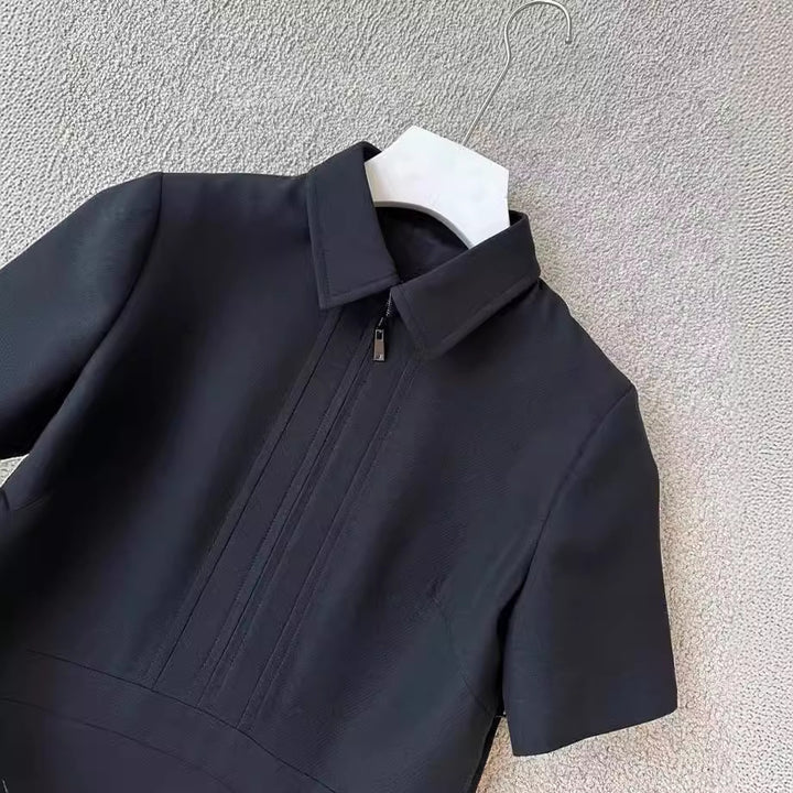 Women Short-Sleeved Shirt Dress with Concealed Two-Way Zipper and Tailored Cut Mune Fashion