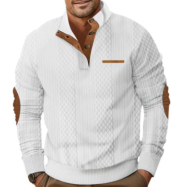 Men's knitted pullover with stand-up collar, button placket and elbow patches Mune Fashion