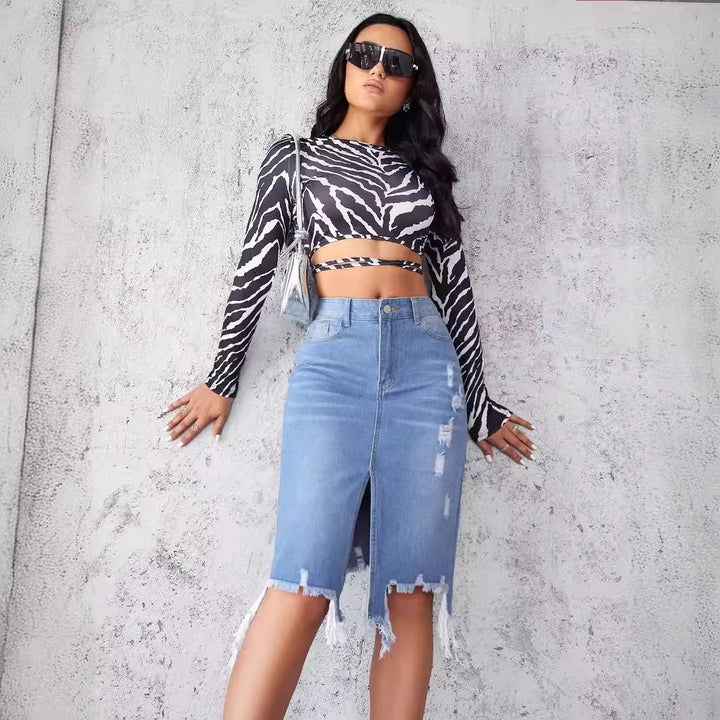 Women's tailored destroyed denim midi skirt with fringing, front slit, and belt loops Mune Fashion