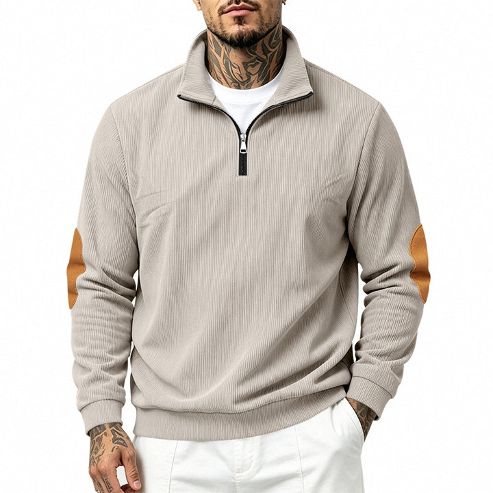 Men's half-zip sweatshirt with stand-up collar, fine waffle texture and leather-look elbow patches Mune Fashion