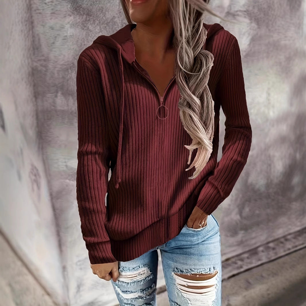 Women's Casual Ribbed Knit Hoodie with Half-Zip and Ring Zipper Drune