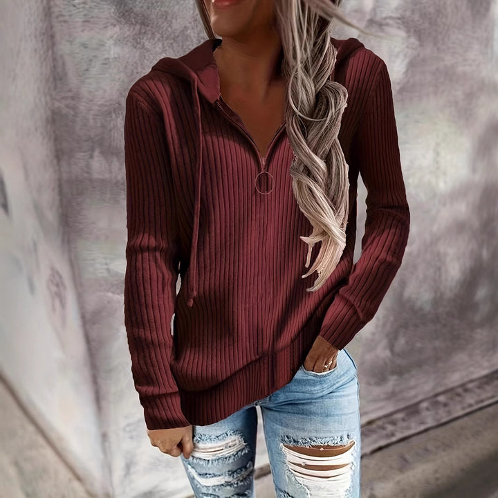 Women's Casual Ribbed Knit Hoodie with Half-Zip and Ring Zipper Drune