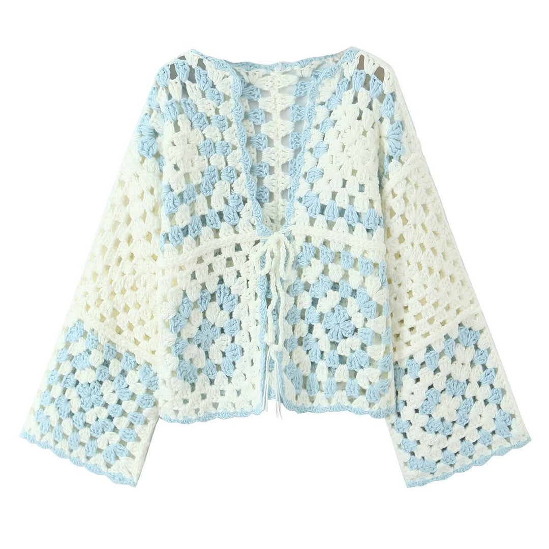 Women Crocheted Granny-Square Cardigan with Wide Sleeves and Ties Mune Fashion