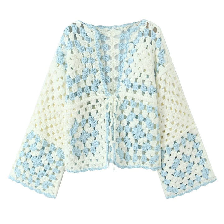 Women Crocheted Granny-Square Cardigan with Wide Sleeves and Ties Mune Fashion