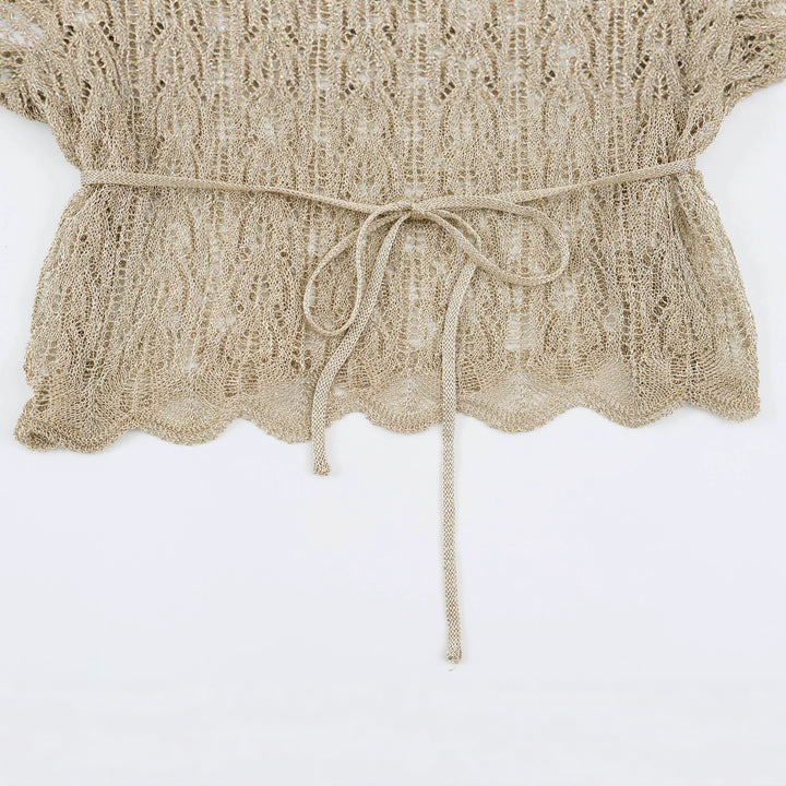 Women's Oversize Crochet Poncho with Wavy Edge and Drawstring Waist Mune Fashion