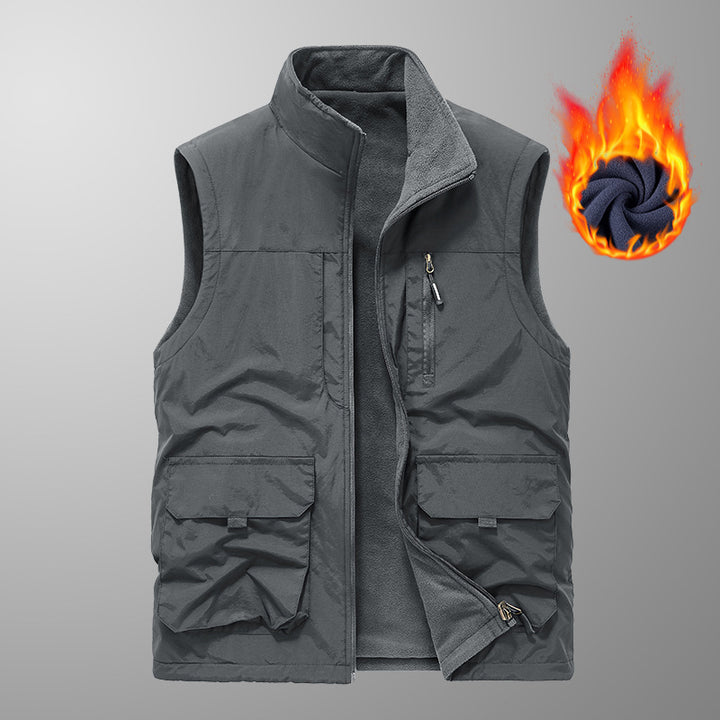 Men's Thermal Outdoor Vest with Fleece Lining, Stand Collar and Multifunctional Pockets Mune Fashion