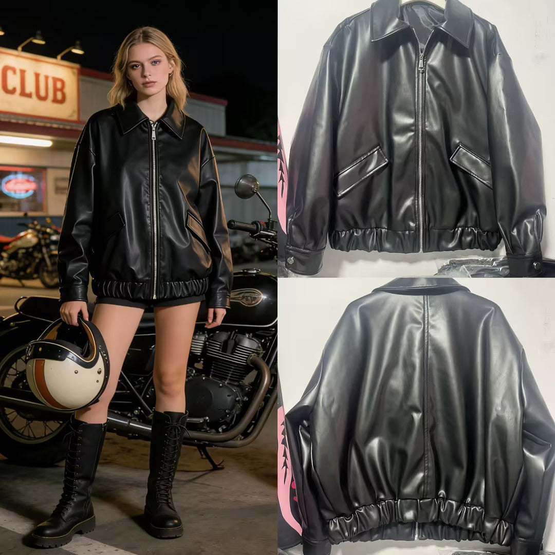 Women's Oversized Faux Leather Bomber Jacket with Zipper, Flap Pockets and Elastic Hem Mune Fashion
