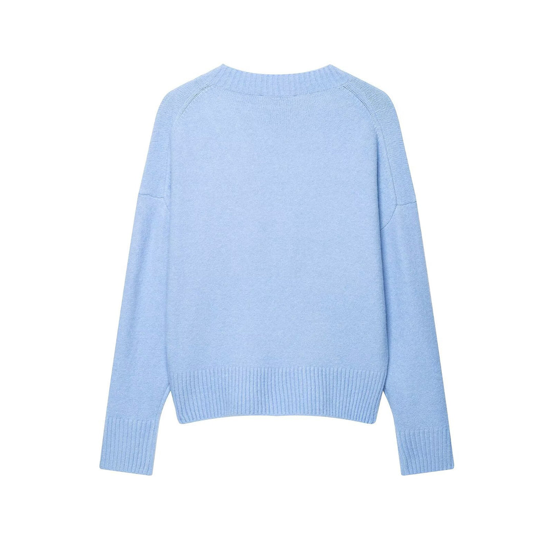 Women's Oversize V-Neck Knit Sweater with Deep Drop and Wide Ribbed Hem Drune
