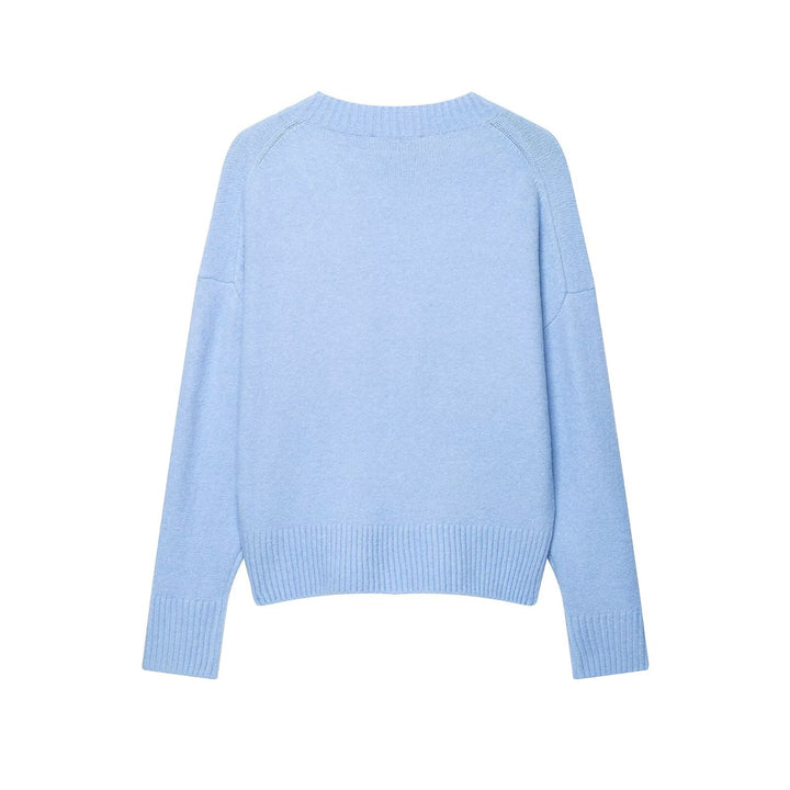 Women's Oversize V-Neck Knit Sweater with Deep Drop and Wide Ribbed Hem Drune