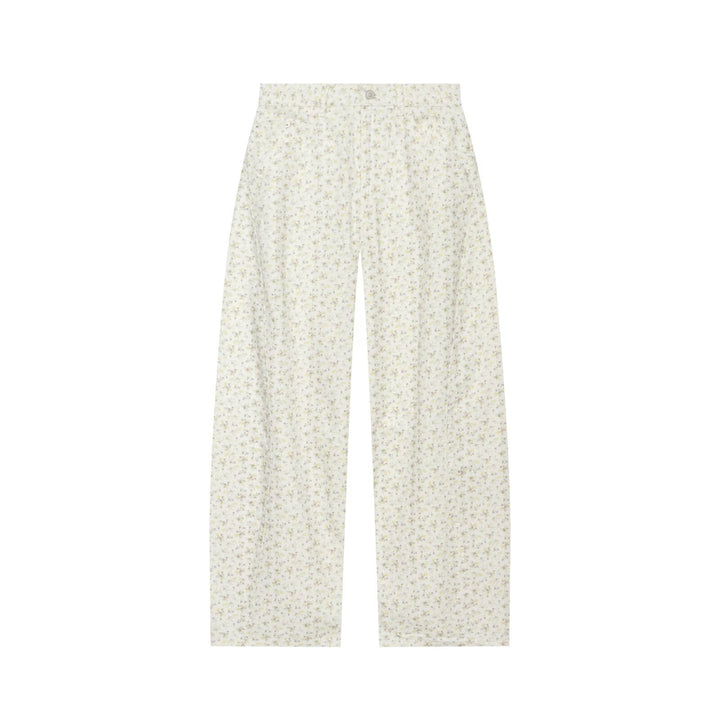 Women Wide High-Waist Pants with Delicate Floral Print and Straight Leg Drune