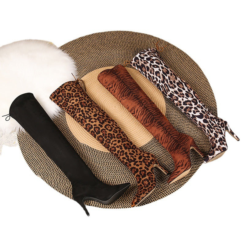 Women's Over-the-Knee Boots with Leopard Print, Slim Stiletto Shape Mune Fashion