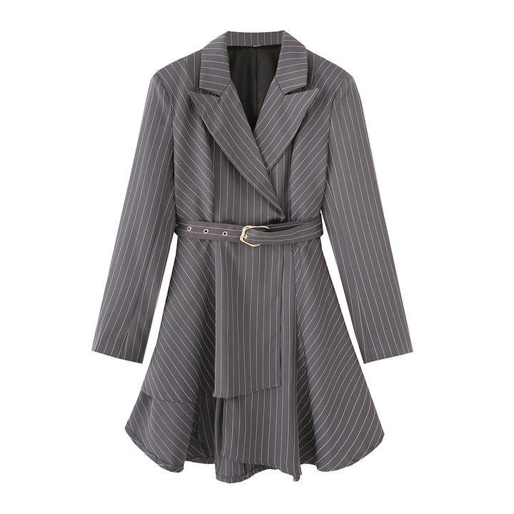 Women nan tailored blazer dress with pinstripes, tie belt and asymmetrical hem Mune Fashion