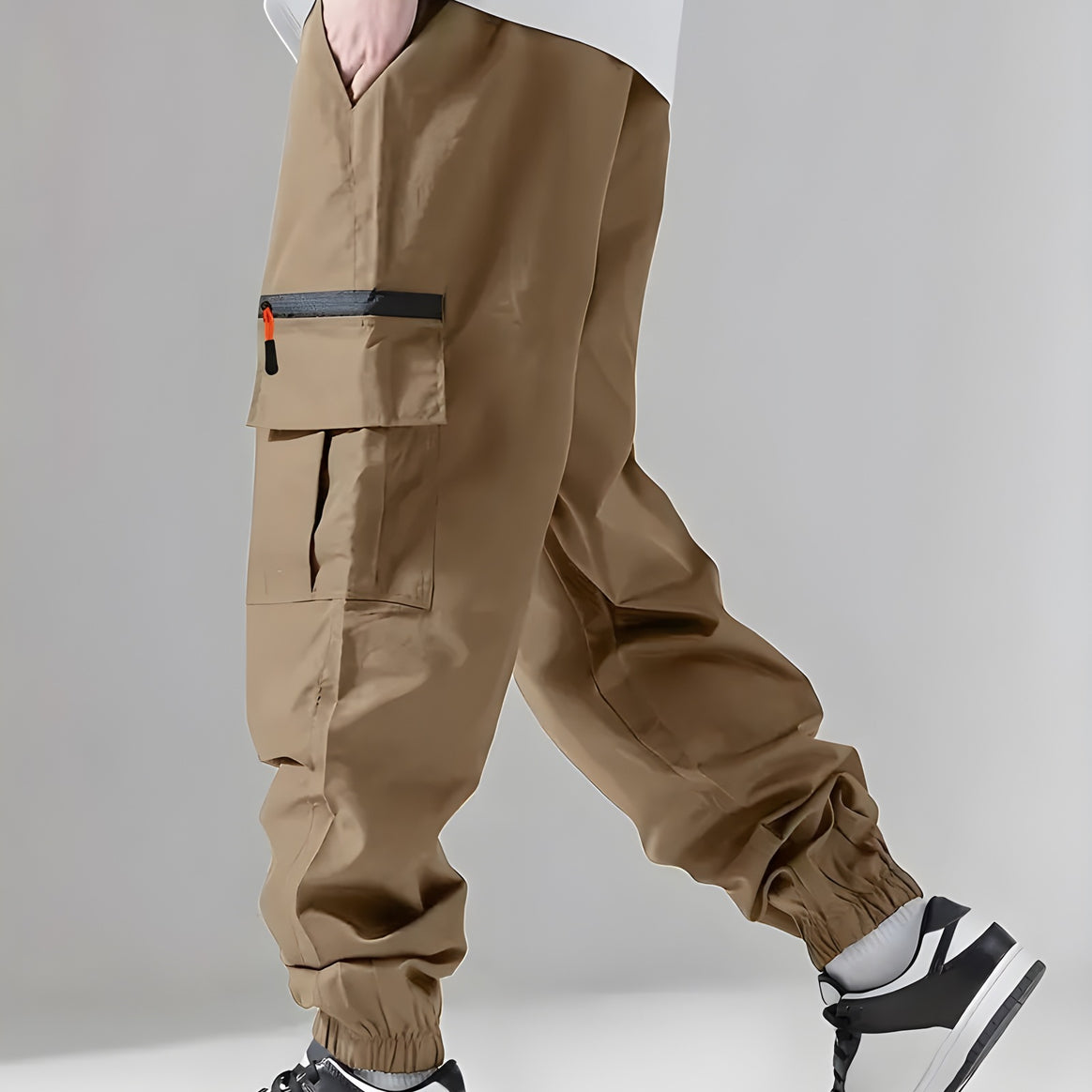 Men's Technical Cargo Pants in Jogger Style with Elastic Waistband, Zipper Utility Pocket & Cuffs Mune Fashion