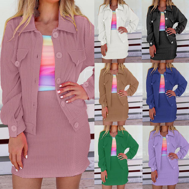 Women's Two-Piece Ribbed Shirt Jacket and Mini Skirt Set with Oversize Silhouette Mune Fashion