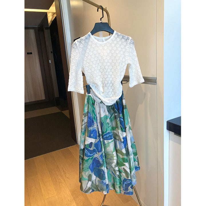 Women's Two-Piece Set: Crocheted Lace Blouse with Elbow-Length Sleeves & Floral High-Waisted Midi Skirt Mune Fashion