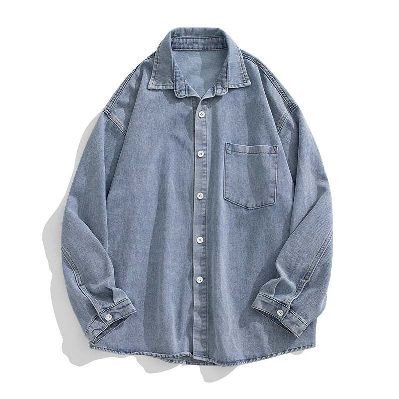 Unisex Lockeres Denim Shirt with Chest Pocket, Rounded Hem and Continuous Button Placket Mune Fashion