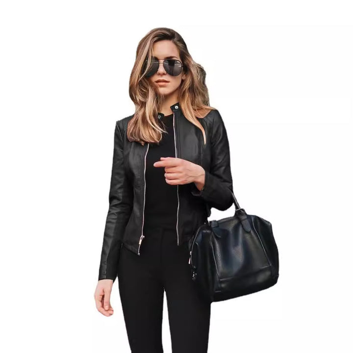 Women’s narrow cut leather jacket with stand-up collar and two-way zip Mune Fashion