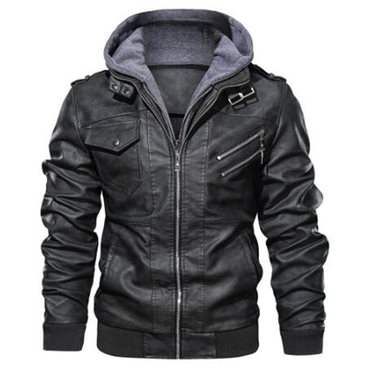 Men's bomber jacket made of faux leather with integrated hood inner layer and utility pockets Mune Fashion