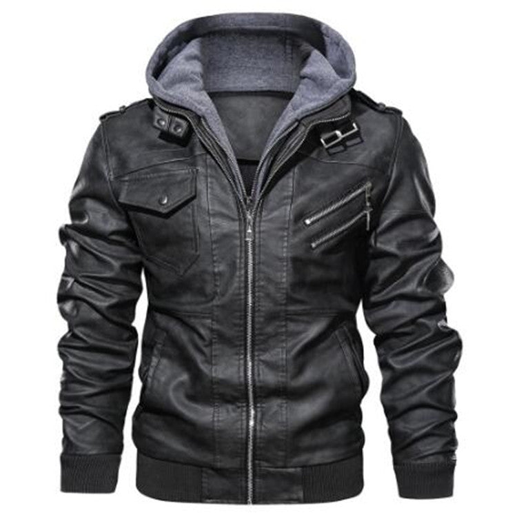 Men's Faux Leather Bomber Jacket with Hood Layer, Shoulder Patches and Utility Pockets Mune Fashion