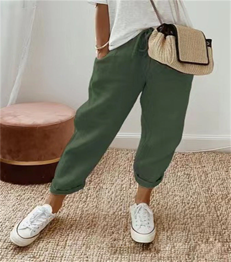 Women's lightweight linen pants with drawstring, loose pleat fit, and rolled ankle hem Mune Fashion