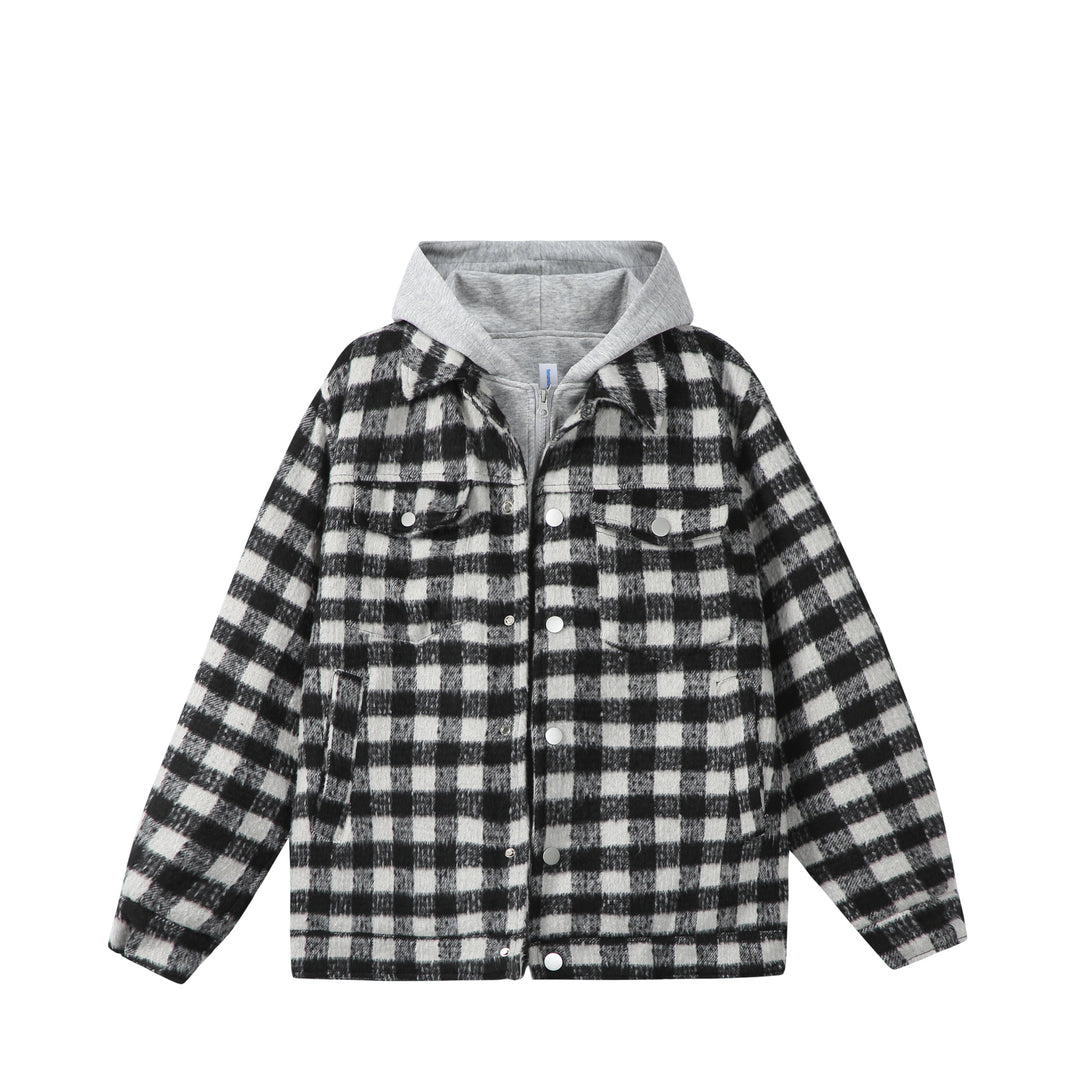 Women's short jacket in shacket style with checked wool look and integrated sweat hood Mune Fashion