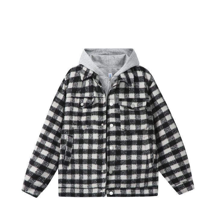 Women's short jacket in shacket style with checked wool look and integrated sweat hood Mune Fashion
