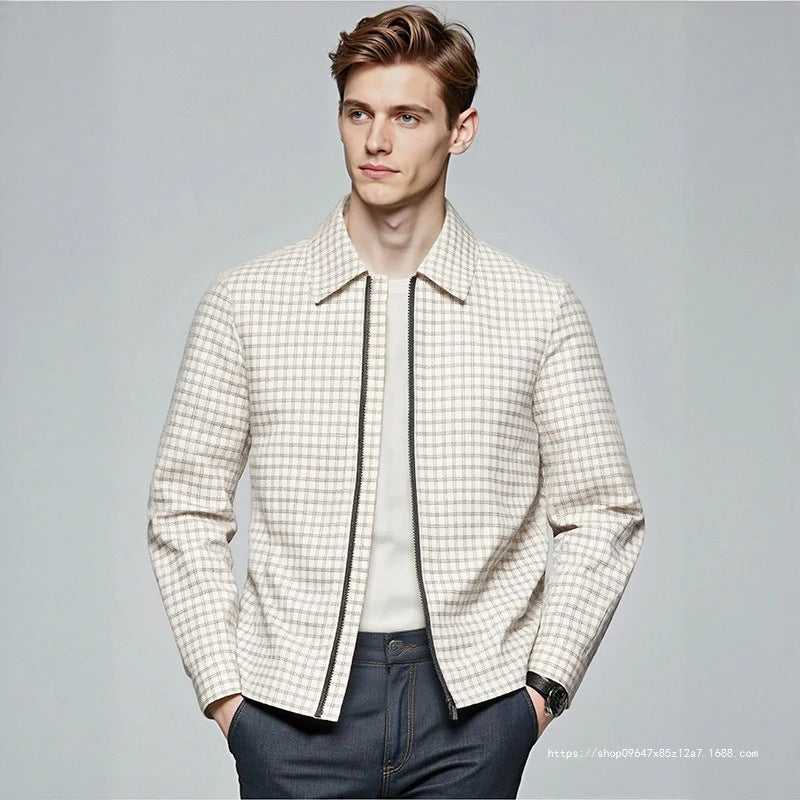 Men's Lightweight Checked Overshirt Jacket with Concealed Two-Way Zipper and Shirt Collar Mune Fashion