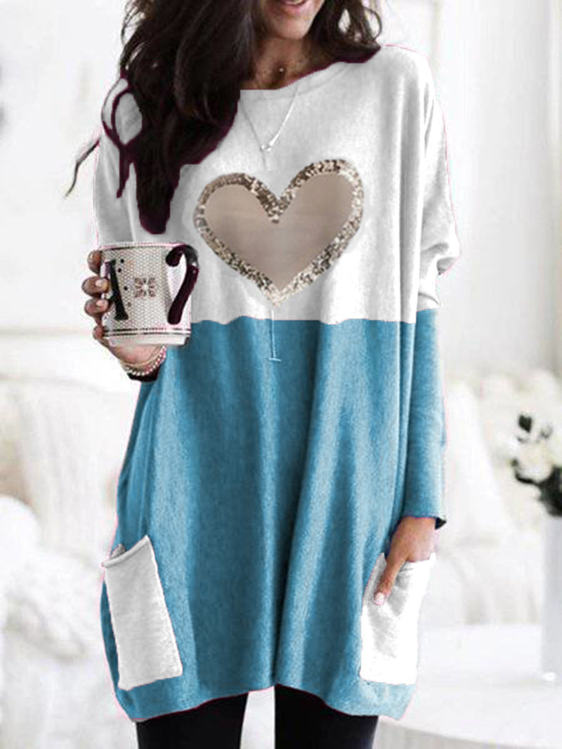 Women's Oversized Long Sweater Tunic with Sequin Heart and Patch Pockets Mune Fashion
