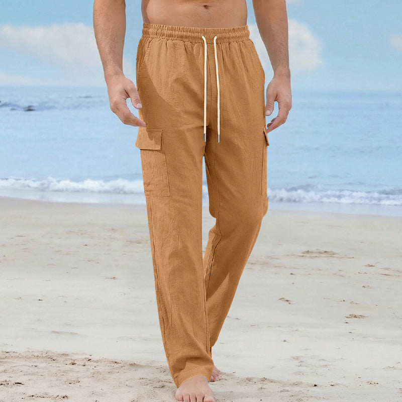 Men's cargo beach pants made of linen blend with elastic waistband and drawstring Mune Fashion