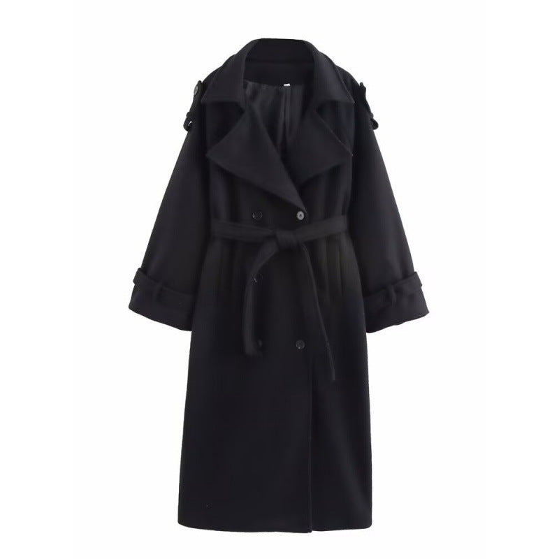 Women’s long double-breasted wool blend trench coat with belt and wide lapels Mune Fashion