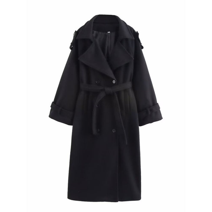 Women’s long double-breasted wool blend trench coat with belt and wide lapels Mune Fashion