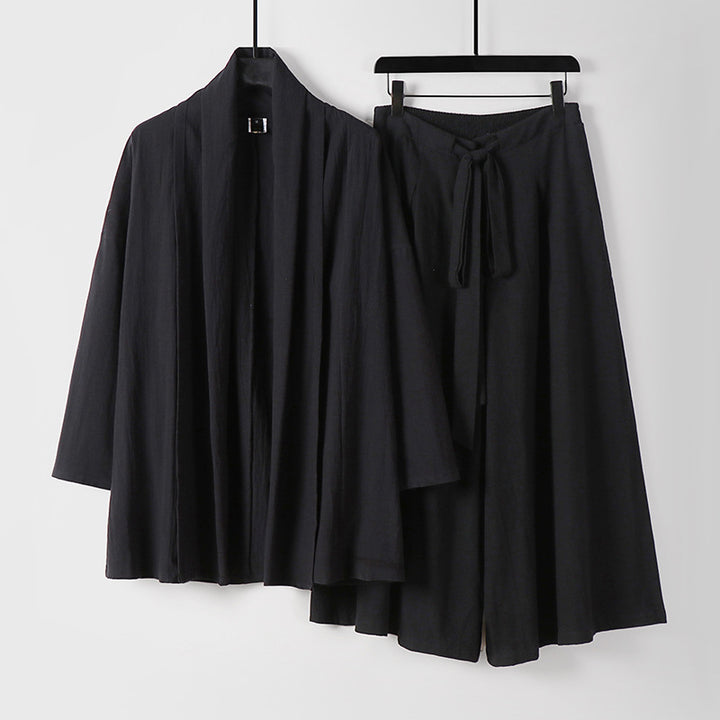 Women Two-Piece Lounge Set in Kimono Style with Open Shawl Collar and Wide Palazzo Skirt Mune Fashion