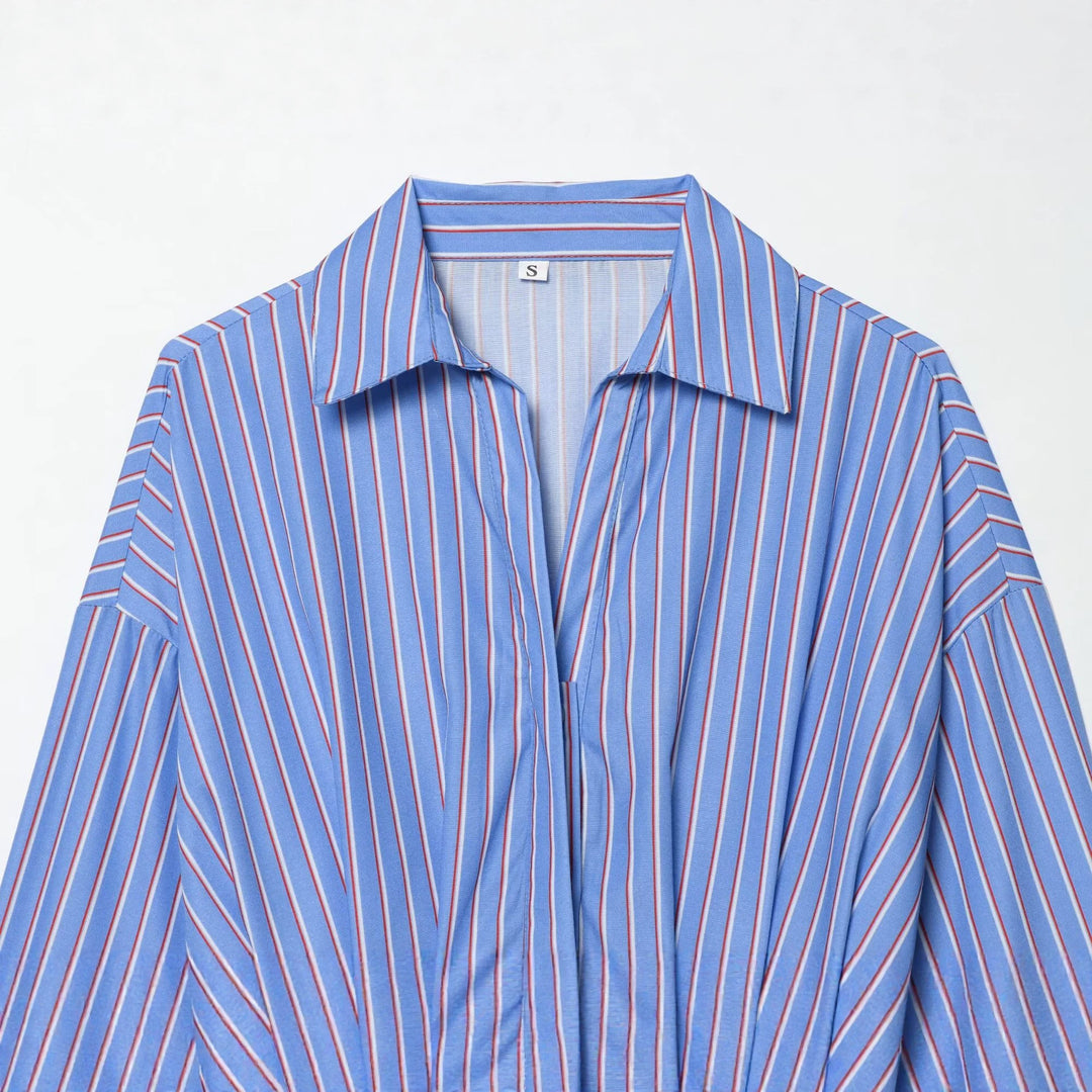 Women's Oversized Shirt Blouse with Waist Gathering and Kent Collar Mune Fashion