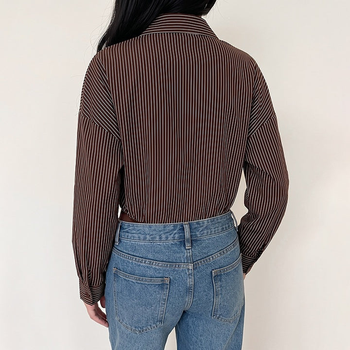 Women's Fashionable Long Sleeve Blouse with Fine Stripes Mune Fashion
