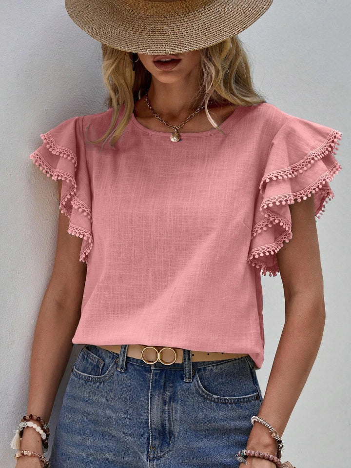 Women’s blouse with ruffled sleeves and pompom lace trim Mune Fashion