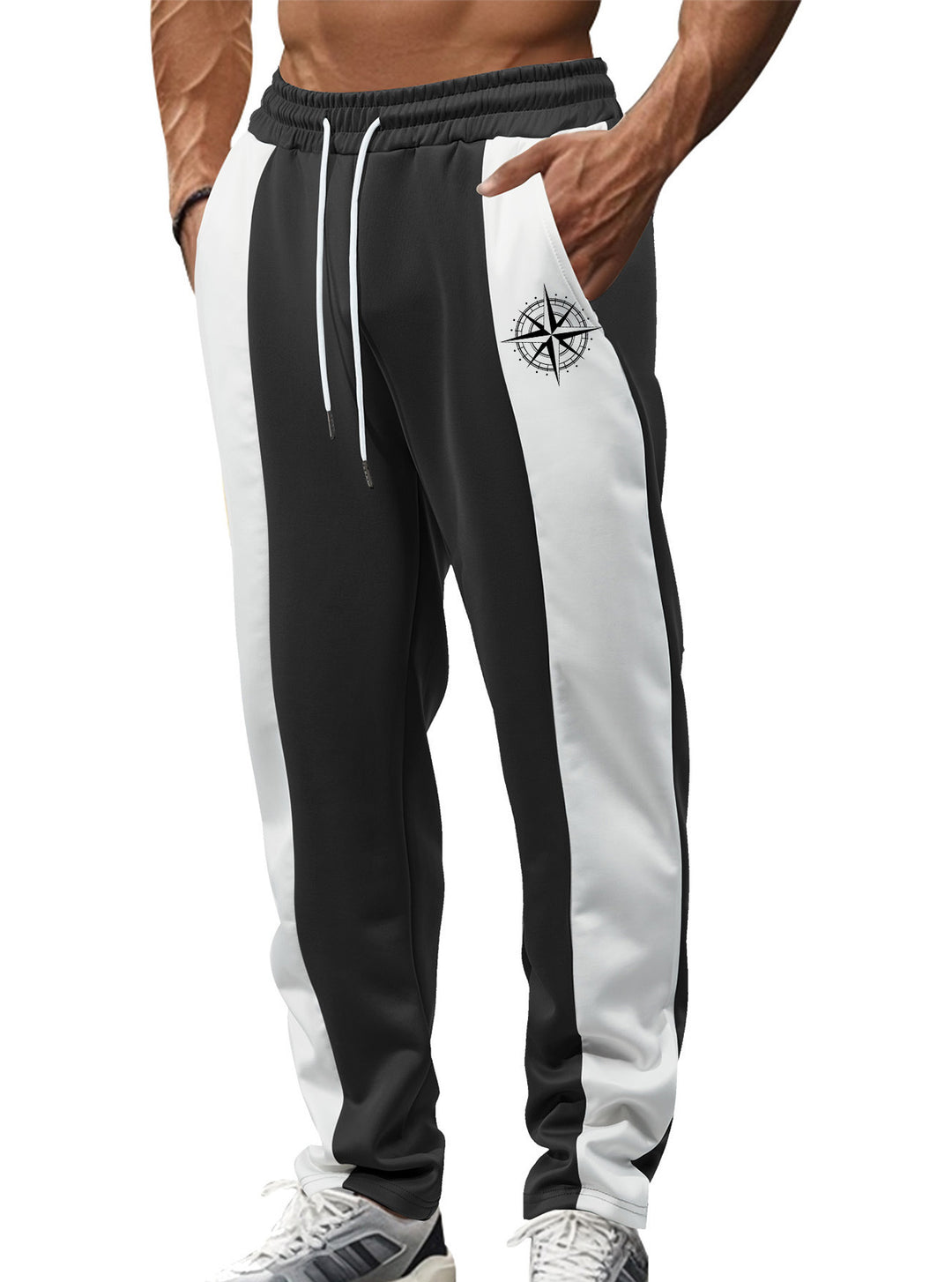 Men's sporty track pants with side contrast stripes, elastic waistband, drawstring, and deer embroidery Mune Fashion