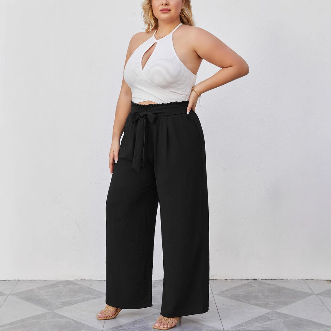 Women's Wide Culottes in Linen Look with Paperbag Waist, Tied Belt and Side Pockets Mune Fashion